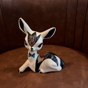 Vintage Native American Pottery Deer Figurine signature big eyes lashes bow tie